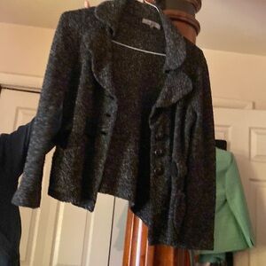 Sweater button down front belt salt and pepper